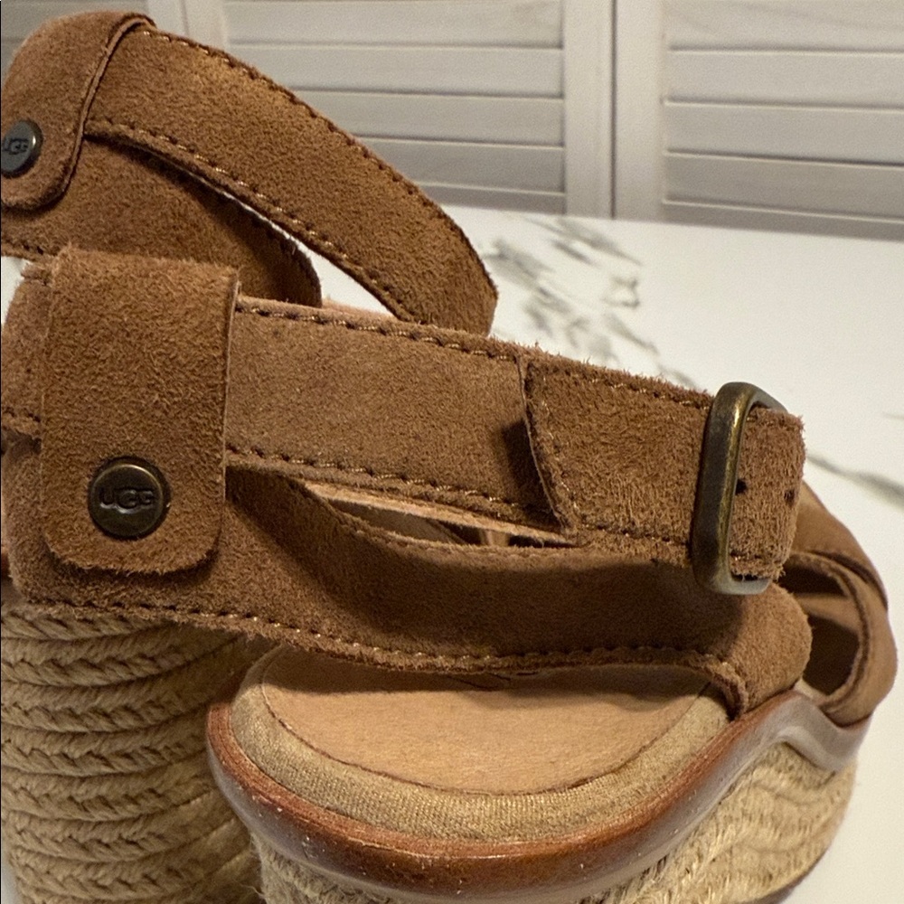 Ugg Tan Suede Wedge Ankle Wrap Sandals. Size 9-1/2 - Picture 14 of 15